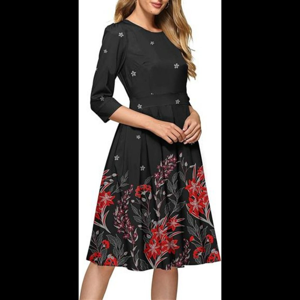 Women's Floral Vintage Dress Elegant Midi Evening Dress 3/4 Sleeves